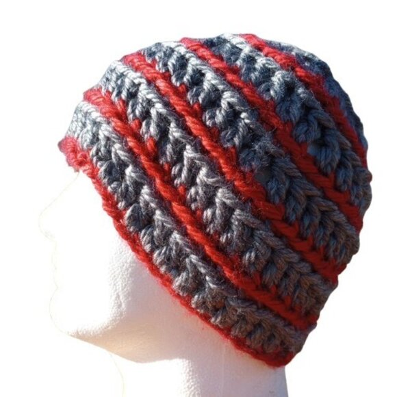 Handmade Other - Men’s Handmade Grunge Beanie Gray Red Striped Crochet Cap Fishing Outdoors Sz L
